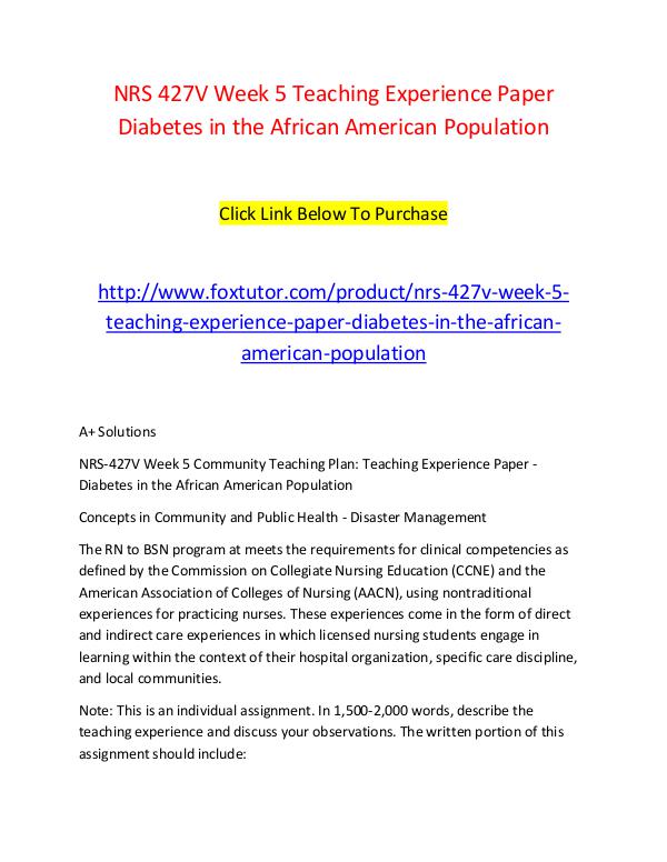 NRS 427V Week 5 Teaching Experience Paper Diabetes in the African Ame NRS 427V Week 5 Teaching Experience Paper Diabetes