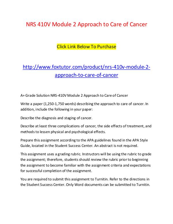 NRS 410V Module 2 Approach to Care of Cancer NRS 410V Module 2 Approach to Care of Cancer