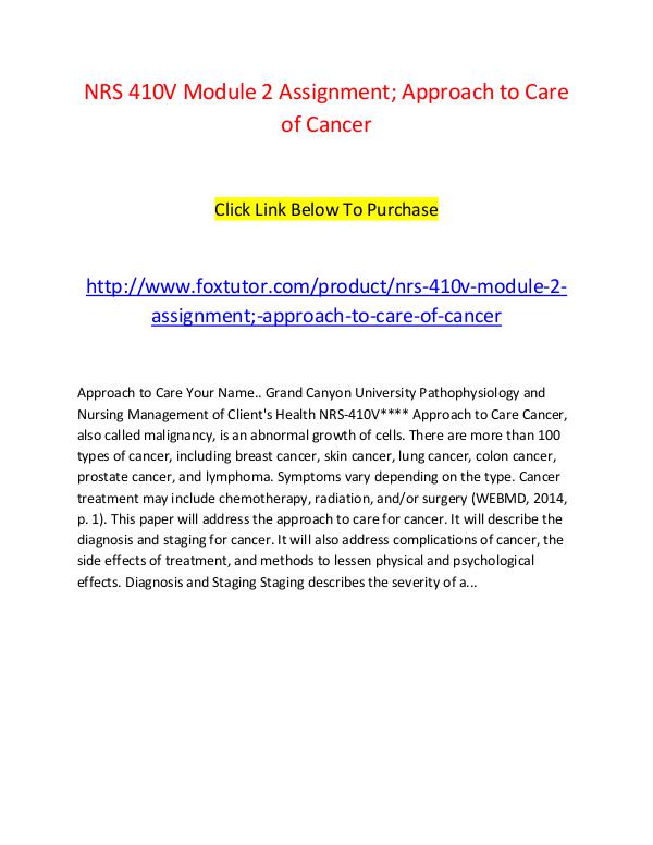 NRS 410V Module 2 Approach to Care of Cancer (2) NRS 410V Module 2 Assignment; Approach to Care of
