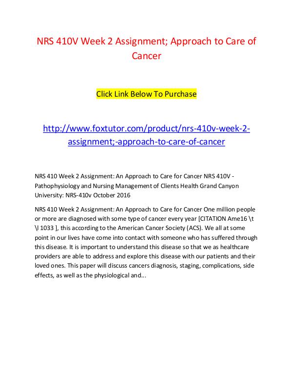 NRS 410V Week 2 Assignment; Approach to Care of Cancer NRS 410V Week 2 Assignment; Approach to Care of Ca