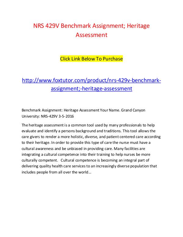 NRS 429V Benchmark Assignment; Heritage Assessment NRS 429V Benchmark Assignment; Heritage Assessment
