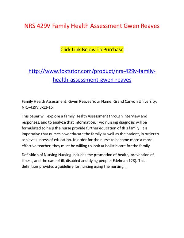 NRS 429V Family Health Assessment Gwen Reaves NRS 429V Family Health Assessment Gwen Reaves