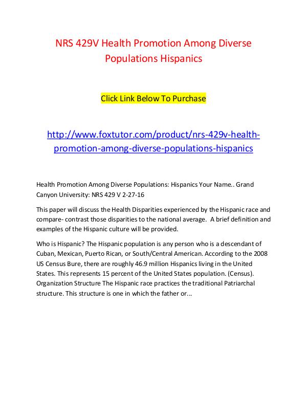 NRS 429V Health Promotion Among Diverse Populations Hispanics NRS 429V Health Promotion Among Diverse Population