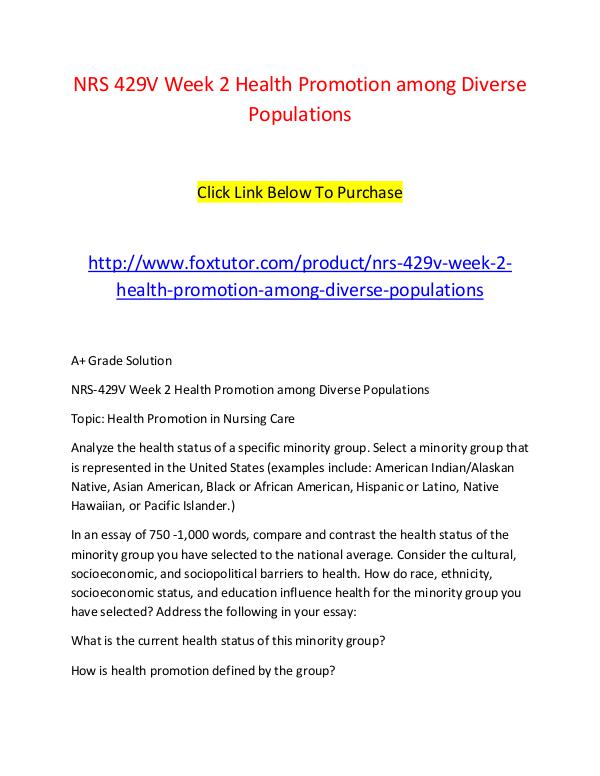 NRS 429V Week 2 Health Promotion among Diverse Populations NRS 429V Week 2 Health Promotion among Diverse Pop