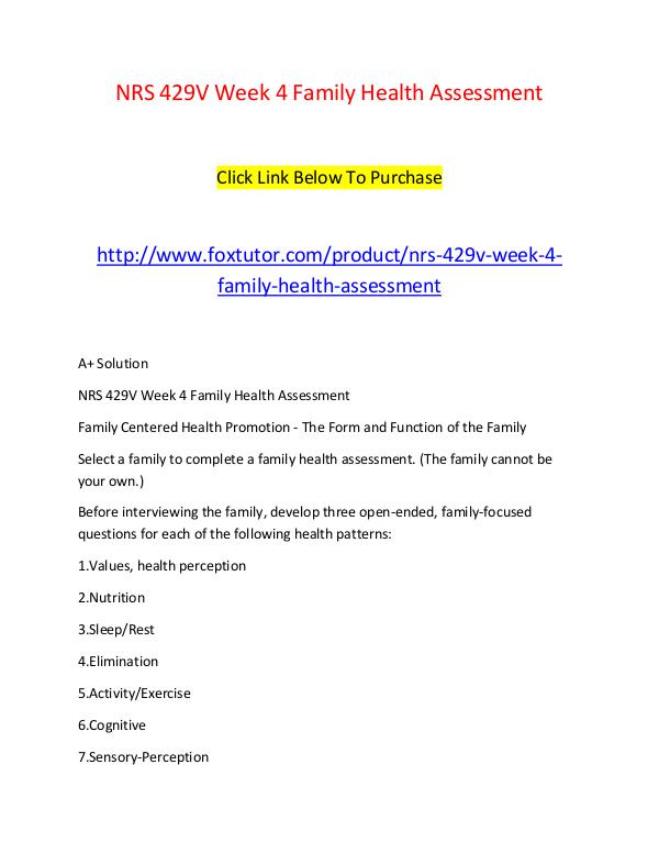 NRS 429V Week 4 Family Health Assessment NRS 429V Week 4 Family Health Assessment