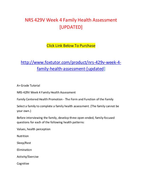 NRS 429V Week 4 Family Health Assessment [UPDATED] NRS 429V Week 4 Family Health Assessment [UPDATED]