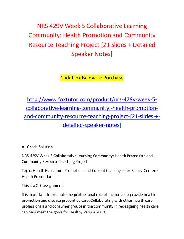 NRS 429V Week 5 Collaborative Learning Community Health Promotion and NRS 429V Week 5 Collaborative Learning Community H