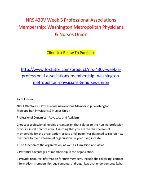 NRS 430V Week 5 Professional Associations Membership Washington Metro NRS 430V Week 5 Professional Associations Membersh