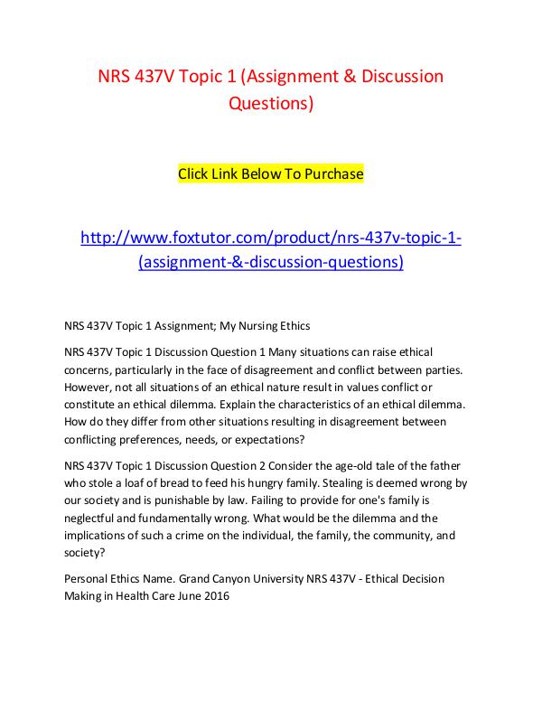 NRS 437V Topic 1 (Assignment & Discussion Questions) NRS 437V Topic 1 (Assignment & Discussion Question