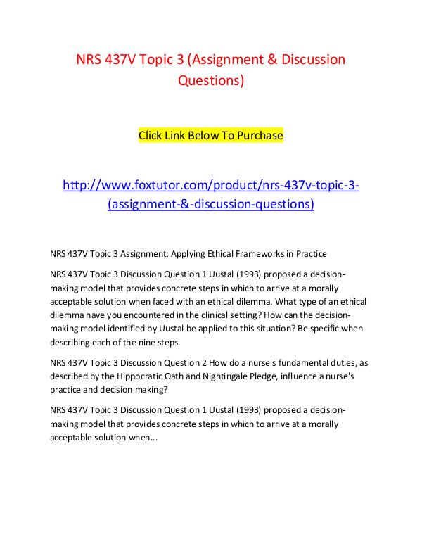 NRS 437V Topic 3 (Assignment & Discussion Questions) NRS 437V Topic 3 (Assignment & Discussion Question