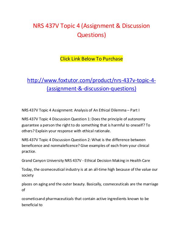 NRS 437V Topic 4 (Assignment & Discussion Questions) NRS 437V Topic 4 (Assignment & Discussion Question