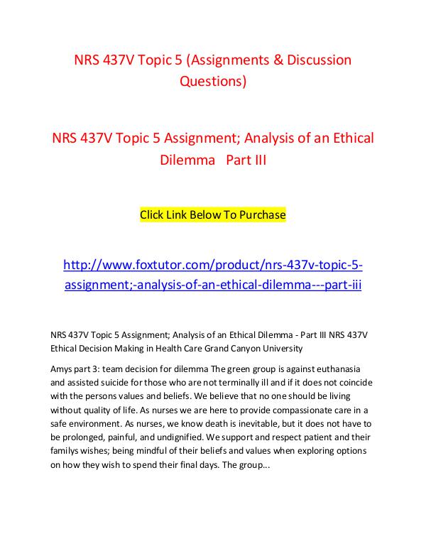 NRS 437V Topic 5 (Assignments & Discussion Questions) NRS 437V Topic 5 (Assignments & Discussion Questio