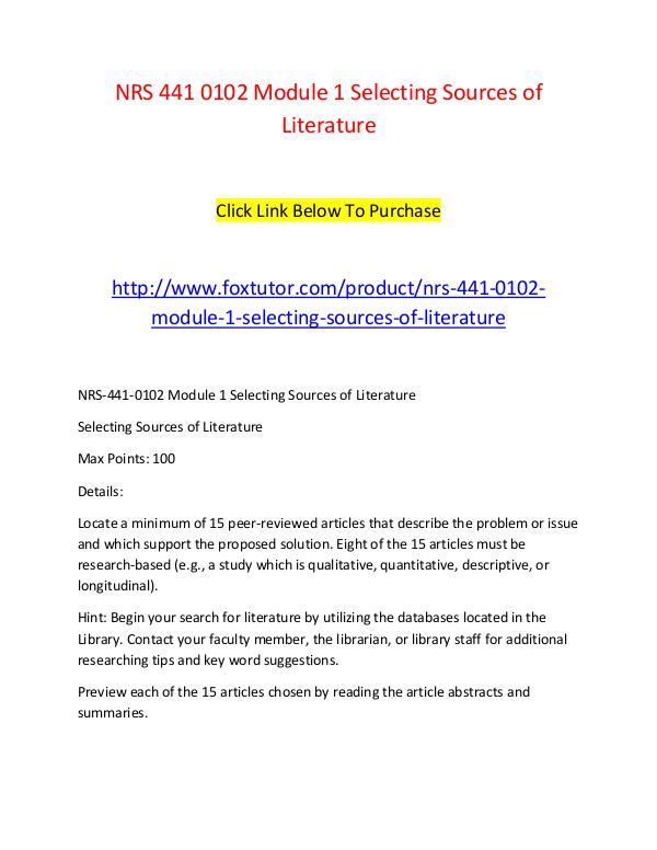 NRS 441 0102 Module 1 Selecting Sources of Literature NRS 441 0102 Module 1 Selecting Sources of Literat