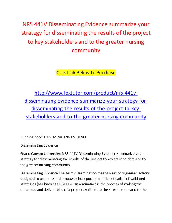NRS 441V Disseminating Evidence summarize your strategy for dissemina NRS 441V Disseminating Evidence summarize your str