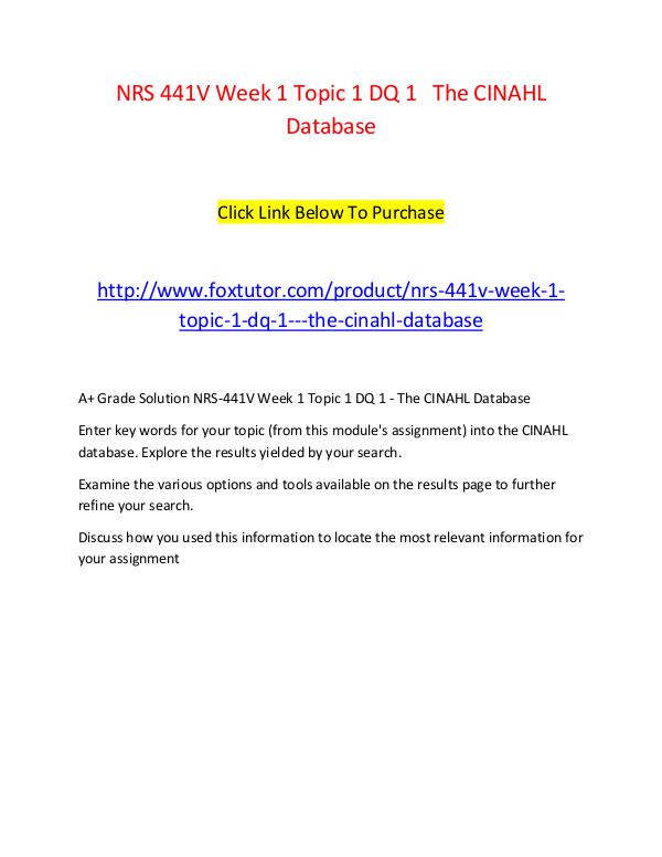 NRS 441V Week 1 Topic 1 DQ 1   The CINAHL Database NRS 441V Week 1 Topic 1 DQ 1   The CINAHL Database