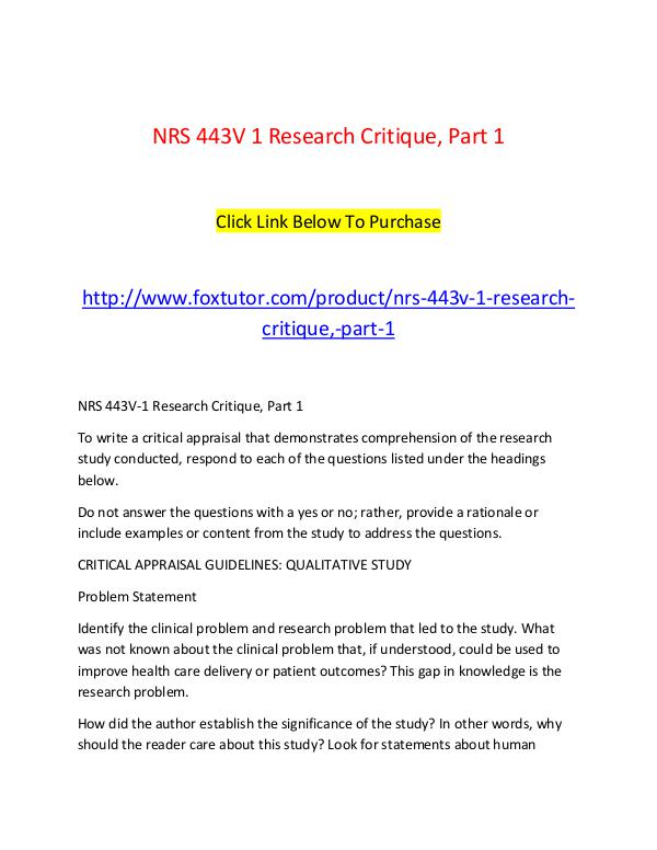 NRS 443V 1 Research Critique, Part 1 NRS 443V 1 Research Critique, Part 1