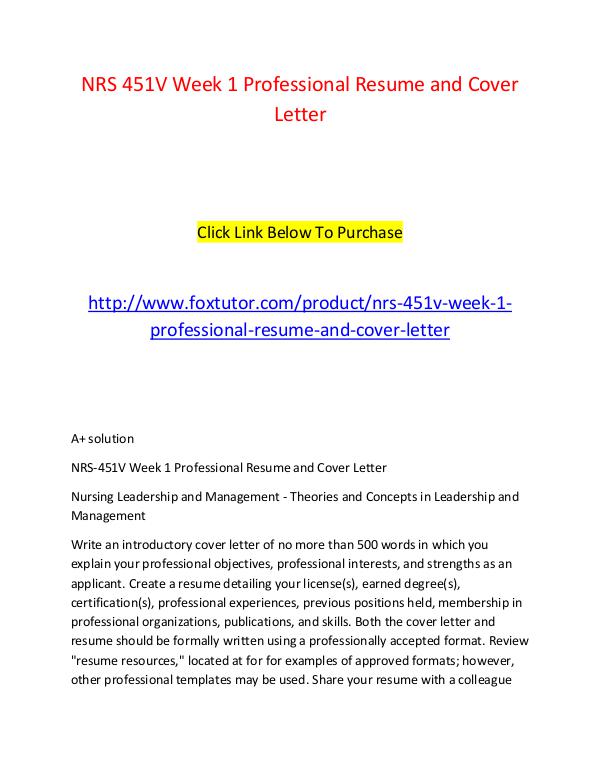 NRS 451V Week 1 Professional Resume and Cover Letter (2) NRS 451V Week 1 Professional Resume and Cover Lett