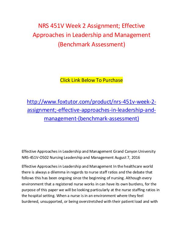 NRS 451V Week 2 Assignment; Effective Approaches in Leadership and Ma NRS 451V Week 2 Assignment; Effective Approaches i