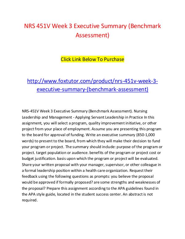 NRS 451V Week 3 Executive Summary (Benchmark Assessment) NRS 451V Week 3 Executive Summary (Benchmark Asses