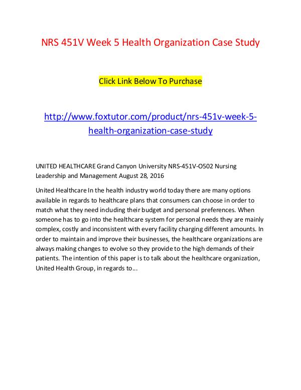 NRS 451V Week 5 Health Organization Case Study NRS 451V Week 5 Health Organization Case Study