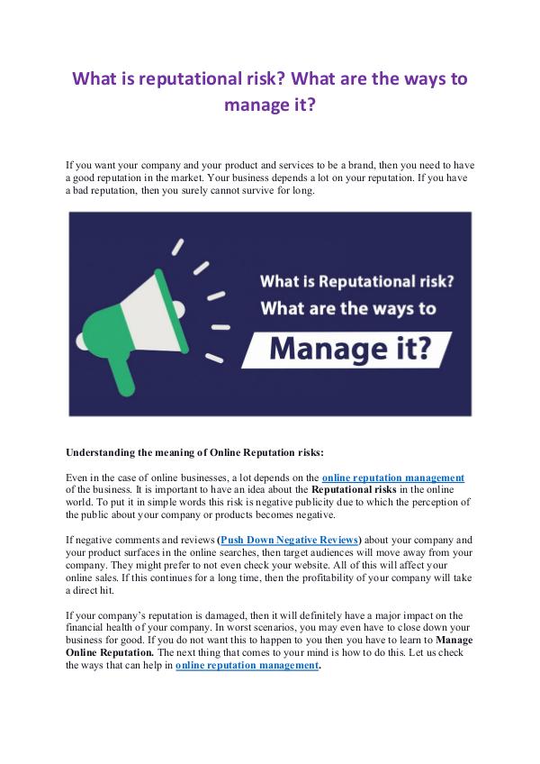 What is reputational risk? What are the ways to manage it? What is reputational risk? What are the ways to ma