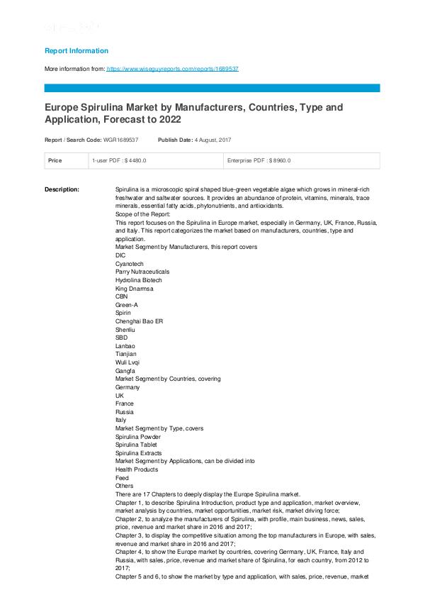 Europe Spirulina Market: key Vendors,Trends,Analysis Forecast to 2022 Spirulina