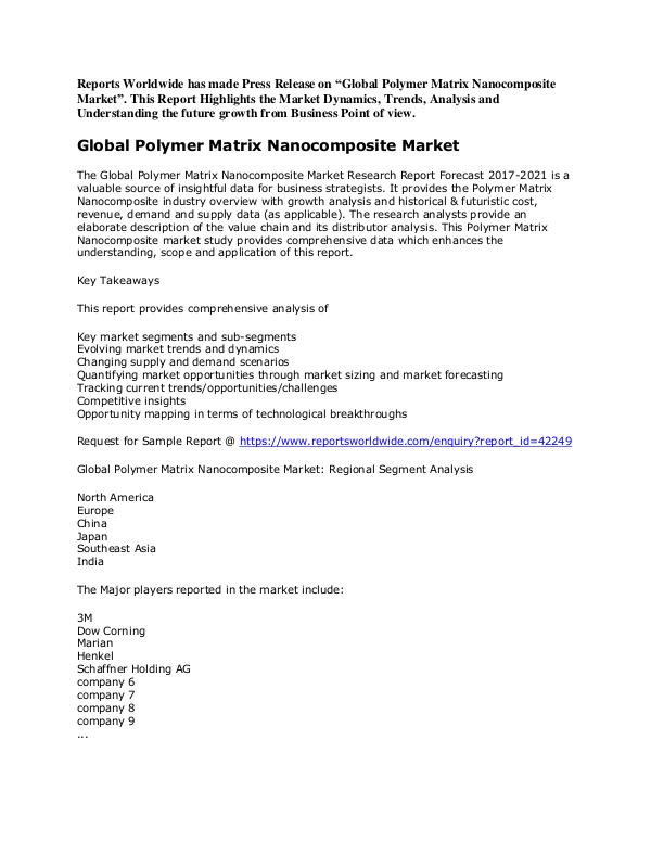 Reports world wide Global Polymer Matrix Nanocomposite Market