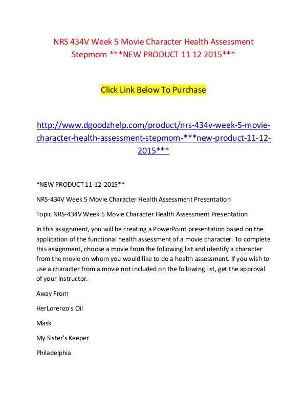 NRS 434V Week 5 Movie Character Health Assessment Stepmom NEW PRODUCT NRS 434V Week 5 Movie Character Health Assessment