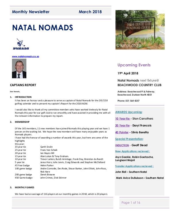 NATAL NOMADS Golf Club Monthly issue Monthly Newsletter Amanzimtoti  22 March 2018
