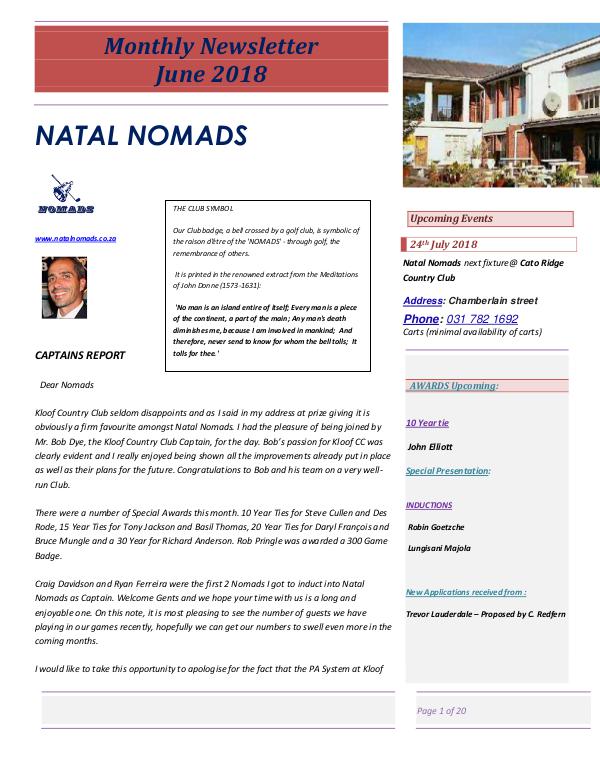 NATAL NOMADS Golf Club Monthly issue Monthly Newsletter Kloof Country Club  19th June 2
