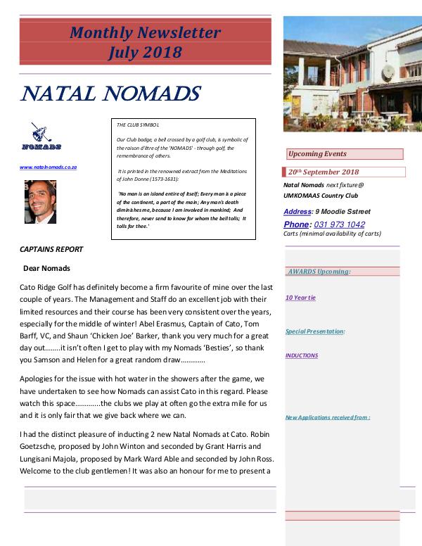 NATAL NOMADS Golf Club Monthly issue Monthly Newsletter Cato Golf Club July 2018