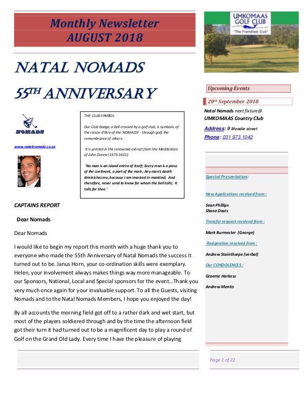 NATAL NOMADS Golf Club Monthly issue Monthly Newsletter Durban Country Club August 2018