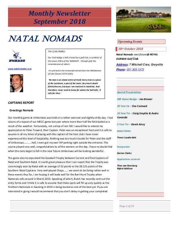 NATAL NOMADS Golf Club Monthly issue Monthly Newsletter Umkomaas Country Club September