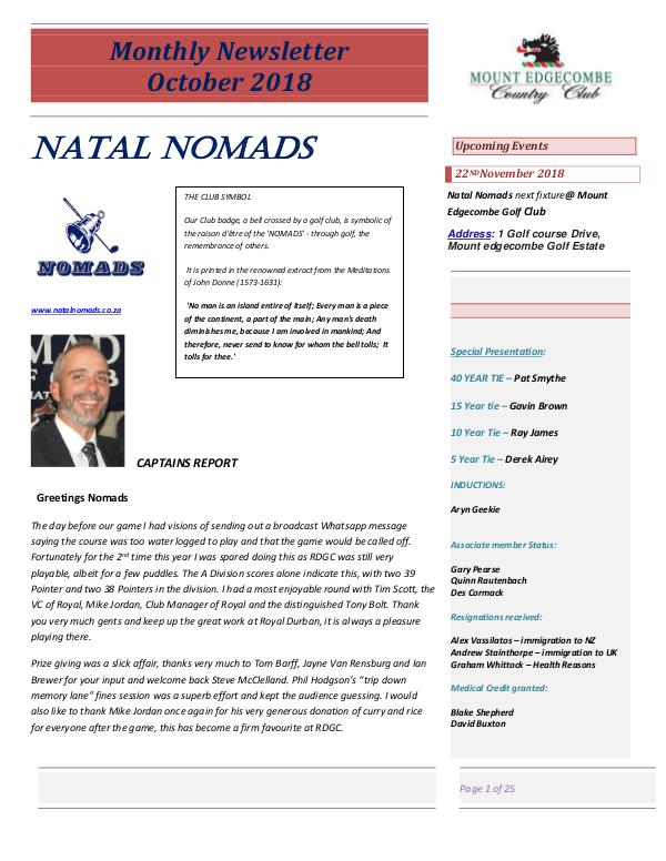 NATAL NOMADS Golf Club Monthly issue Monthly Newsletter Royal Durban Golf Club October