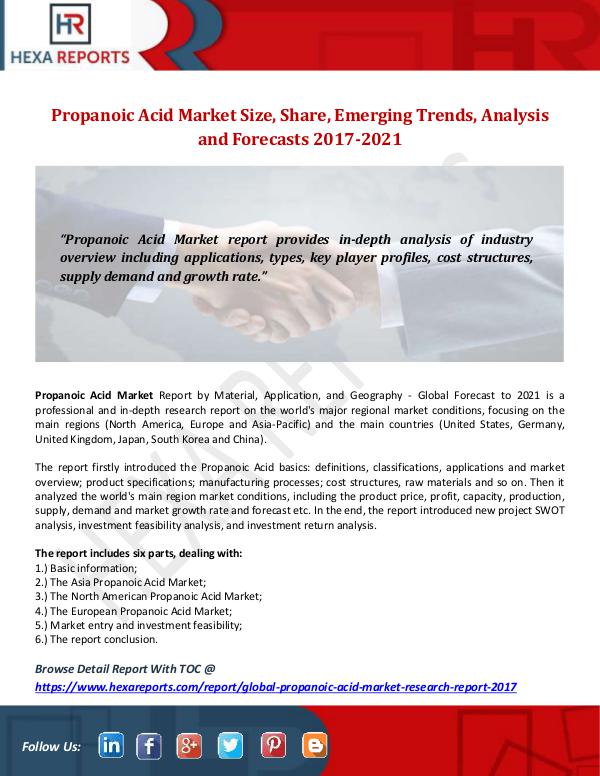 Hexa Reports Propanoic Acid Market Size, Share, Emerging Trends