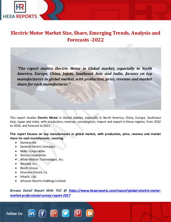 Hexa Reports Electric Motor Market Size, Share, Emerging Trends