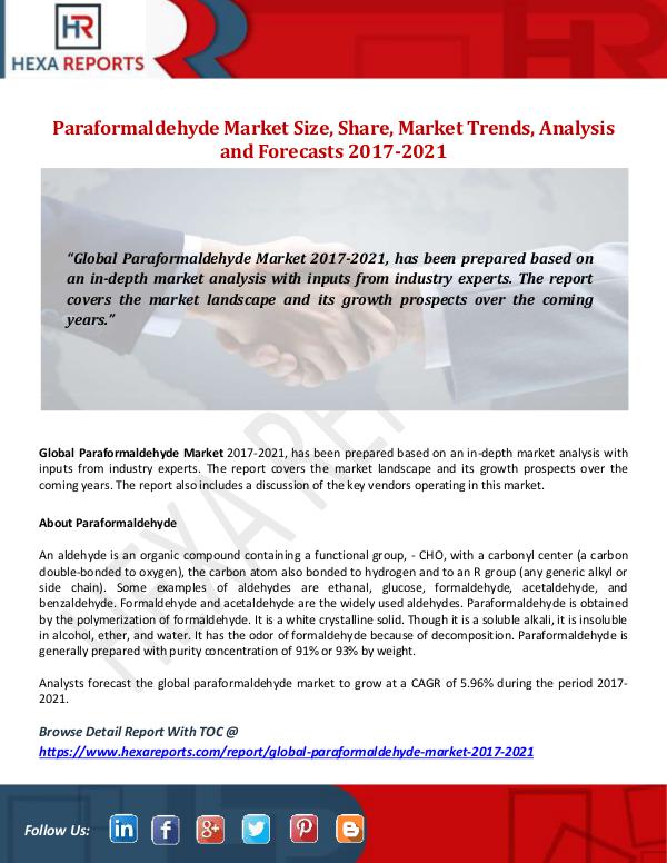 Hexa Reports Paraformaldehyde Market Size, Share, Market Trends