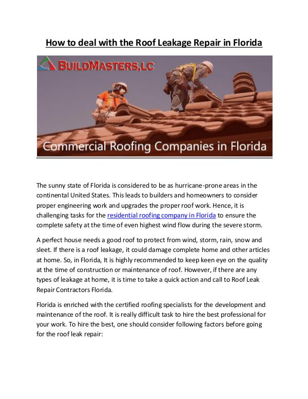 Build Masters, LC How to deal with the Roof Leakage Repair Florida