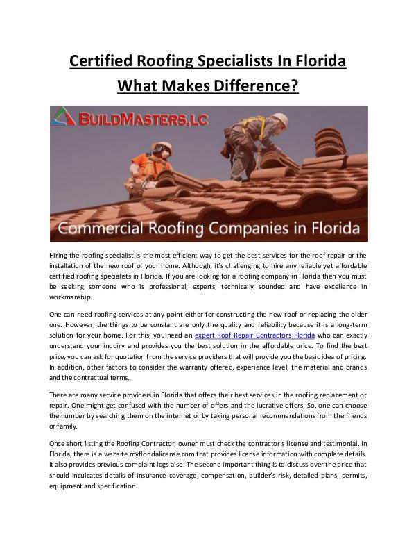 Build Masters, LC Certified Roofing Specialists In Florida