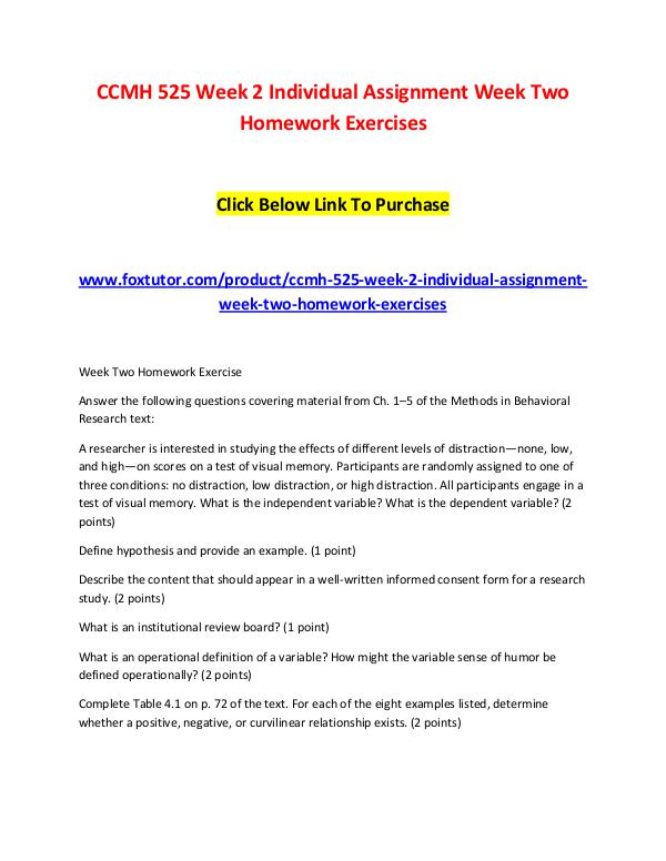 CCMH 525 Week 2 Individual Assignment Week Two Homework Exercises CCMH 525 Week 2 Individual Assignment Week Two Hom
