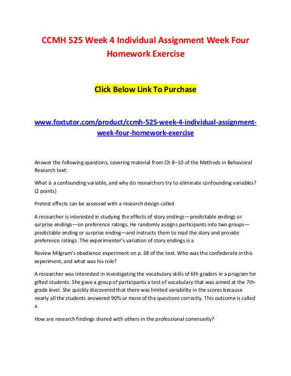 CCMH 525 Week 4 Individual Assignment Week Four Homework Exercise CCMH 525 Week 4 Individual Assignment Week Four Ho