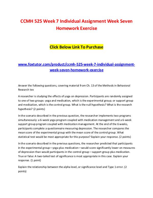 CCMH 525 Week 7 Individual Assignment Week Seven Homework Exercise CCMH 525 Week 7 Individual Assignment Week Seven H
