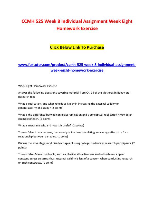 CCMH 525 Week 8 Individual Assignment Week Eight Homework Exercise CCMH 525 Week 8 Individual Assignment Week Eight H
