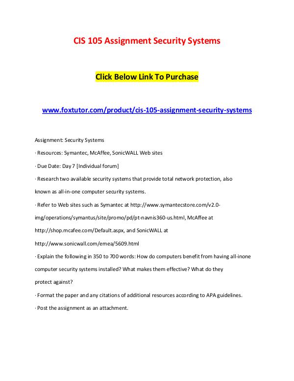 CIS 105 Assignment Security Systems CIS 105 Assignment Security Systems