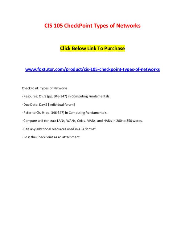 CIS 105 CheckPoint Types of Networks CIS 105 CheckPoint Types of Networks