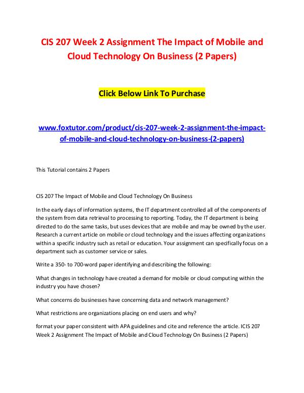CIS 207 Week 2 Assignment The Impact of Mobile and Cloud Technology O CIS 207 Week 2 Assignment The Impact of Mobile and