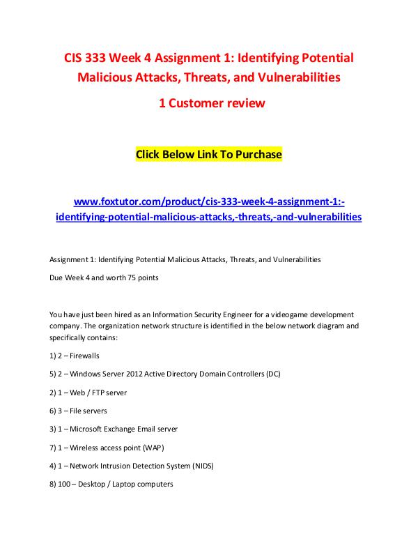CIS 333 Week 4 Assignment 1 Identifying Potential Malicious Attacks, CIS 333 Week 4 Assignment 1 Identifying Potential