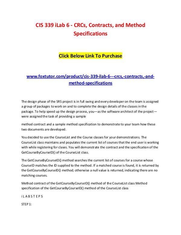 CIS 339 iLab 6 - CRCs, Contracts, and Method Specifications CIS 339 iLab 6 - CRCs, Contracts, and Method Speci