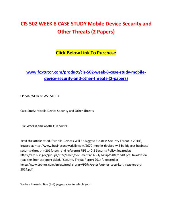 CIS 502 WEEK 8 CASE STUDY Mobile Device Security and Other Threats (2 CIS 502 WEEK 8 CASE STUDY Mobile Device Security a