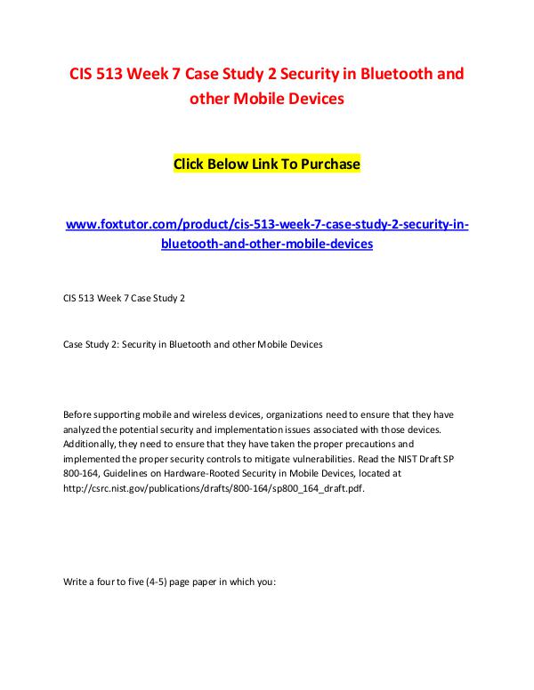CIS 513 Week 7 Case Study 2 Security in Bluetooth and other Mobile De CIS 513 Week 7 Case Study 2 Security in Bluetooth